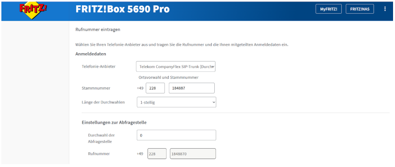 FRITZ!Box - Kopfnummer und Abfragestelle eintragen